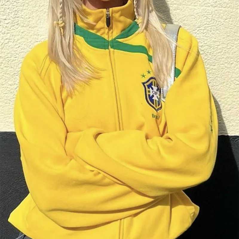 Y2k Winter Vintage New American Fashion Brazil Embroidery Zip Up Hoodies Women Casual Loose Warm Sweatshirt Harajuku Jacket CoatC241225