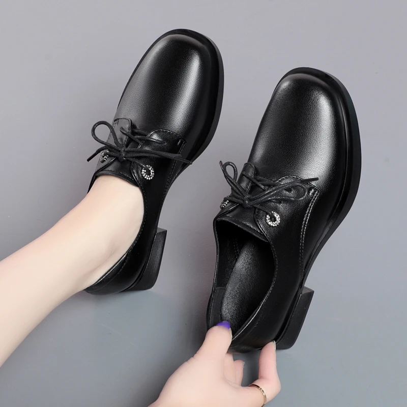 AIYUQI Women's Fashion Shoes Lace Up Spring Genuine Leather Women's Shoes Chunky Big Size Shoes for Ladies