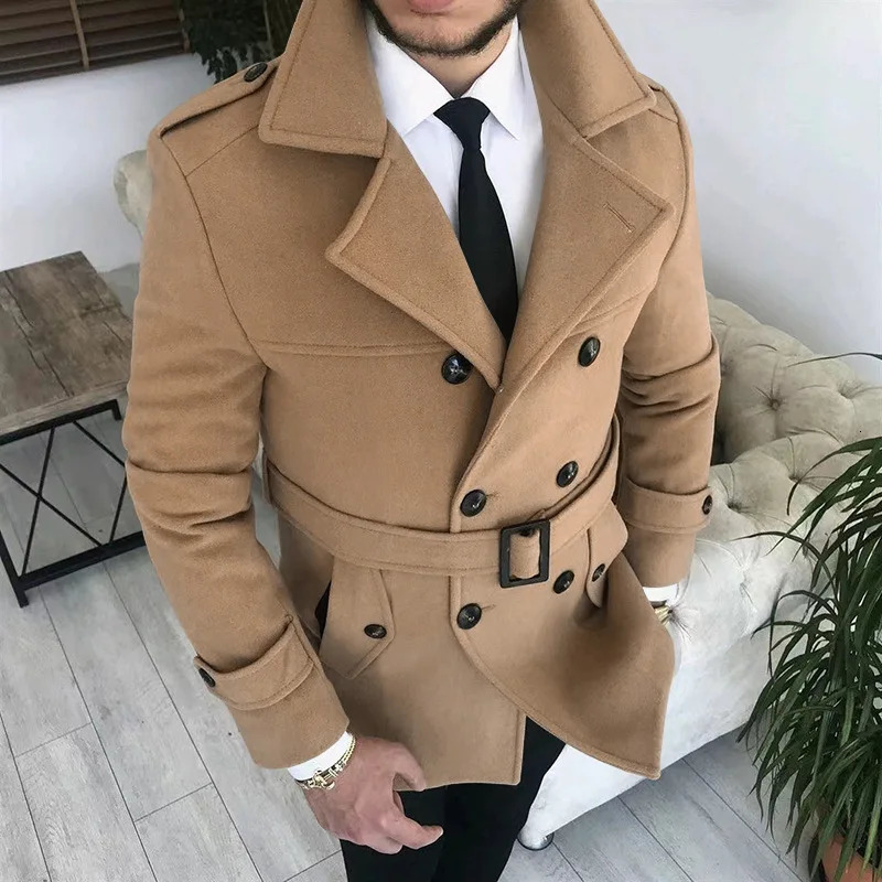 Chic Men Woven Lapel Double Row Button Trench Long Sleeve Blazer Jackets Spring Autumn Slim Business High Quality Suit Coats 241225
