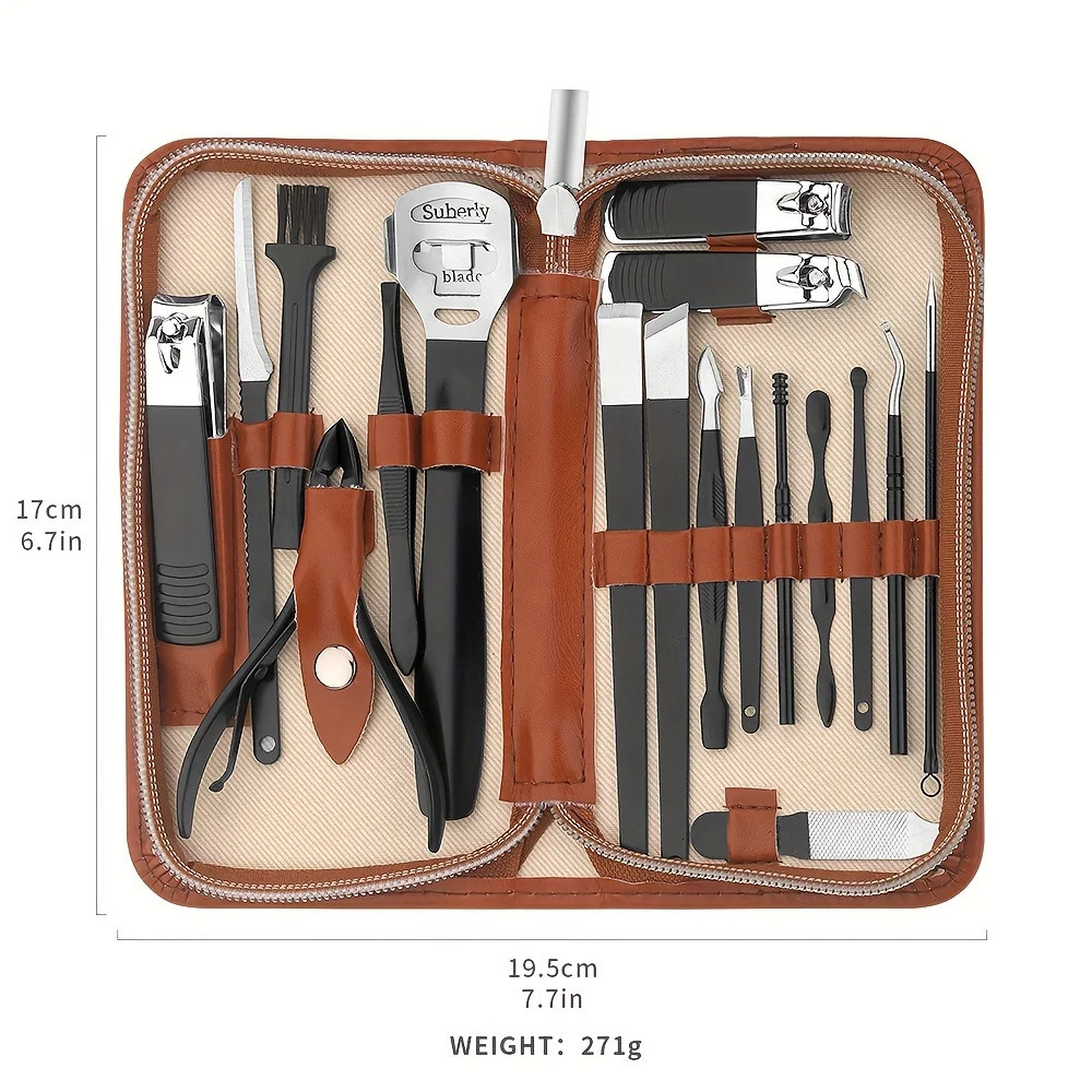 18 pcs Stainless Steel Manicure Pedicure Tools Nail Clipper and Ear Picking Spoon Set - Travel Size Personal Care Kit 241225