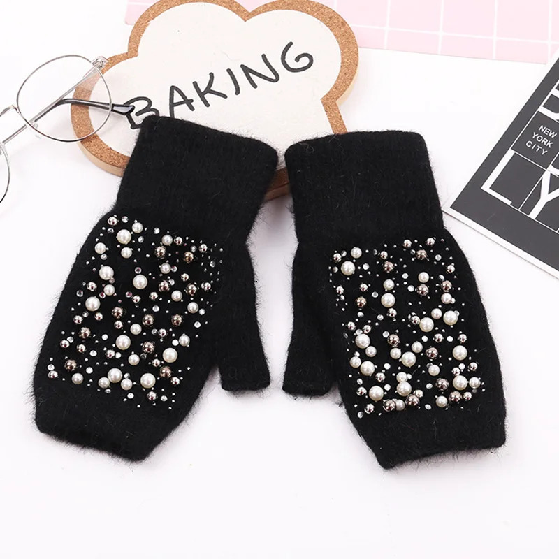 Winter Rabbit Fur Thicken Warm Knit Gloves Fashion Women Elasticity Diamonds Pearl Half Finger Touch Screen Gloves H22 241225