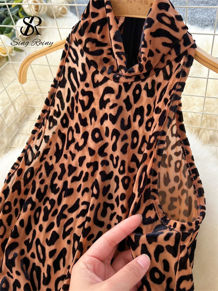 SINGREINY Fashion Leopard Print Sexy Jumpsuits Ladies Stand Collar Long Gloves Korean Streetwear Sheath Flocking Playsuits 241225