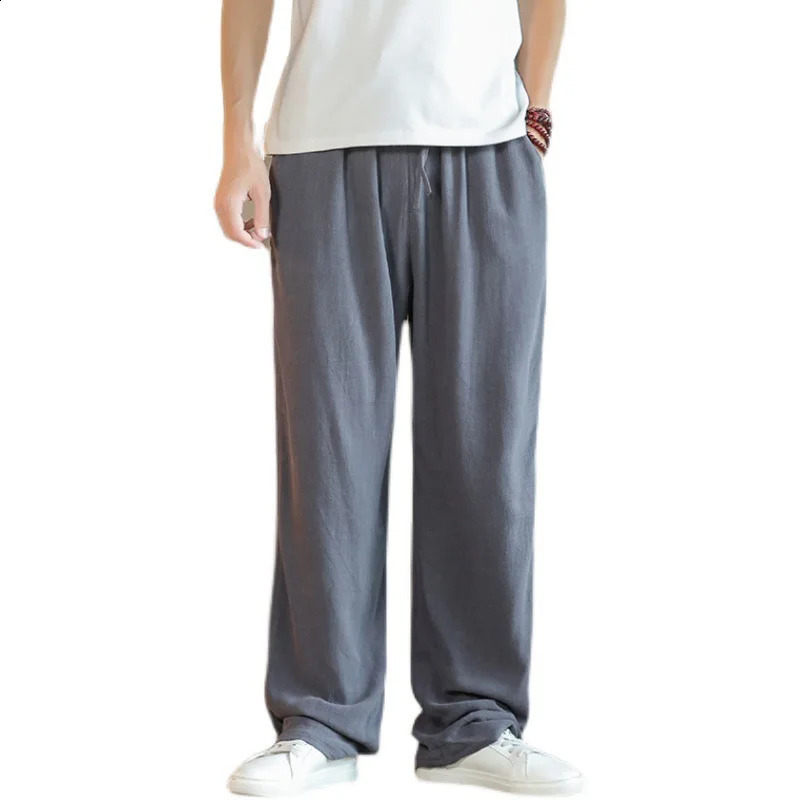 Chinese style linen mens loose cotton linen straight leg pants mens linen casual pants 241219