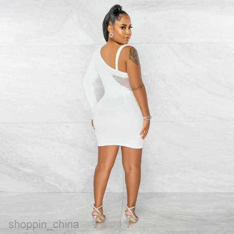 women dresses fashion one shoulder long sleeve perspective mesh stitched straight cloth hot drill buttock dress women