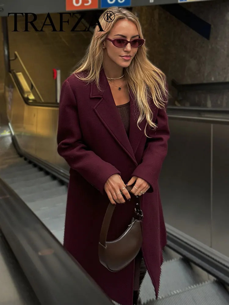 TRAFZA Women Elegant Burgundy Woolen Coat Double Breasted Turn Down Collar Windbreaker Jacket Fashion Lady High Street Outerwear 241225