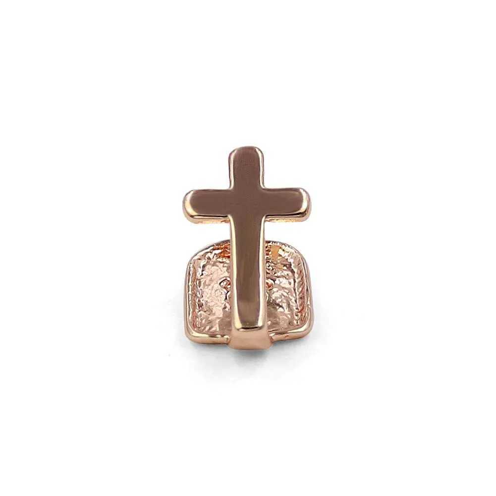 Single Cross Teeth Grillz Yellow Gold Color Plated Canine One Tooth Grills Upper Hip Hop Top Fangs Hollow GrillXJ241225