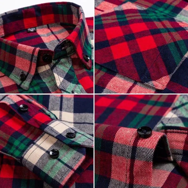 Casual StandardFit Thick Flannel Shirt Plaid Shirts For Men Long Sleeve Pure Cotton Fashion Single Patch Pocket n Young 241224