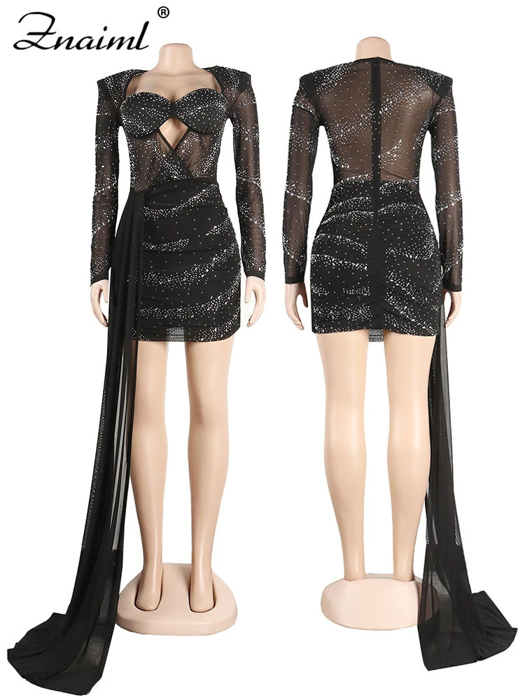 Znaiml 2025 Elegant Evening Sheer Mesh Patchwork Nightclub Party Short Dresses Sexy Crystal Rhinestone Celebrity Birthday Dress 241217
