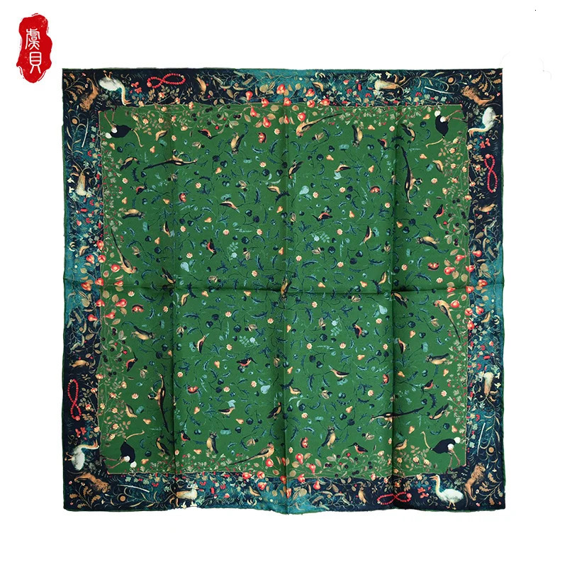 Army green natural silk scarf women printed bird faux real silk twill scarves wrap shawl square 65cm bandana lady bufanda 241225