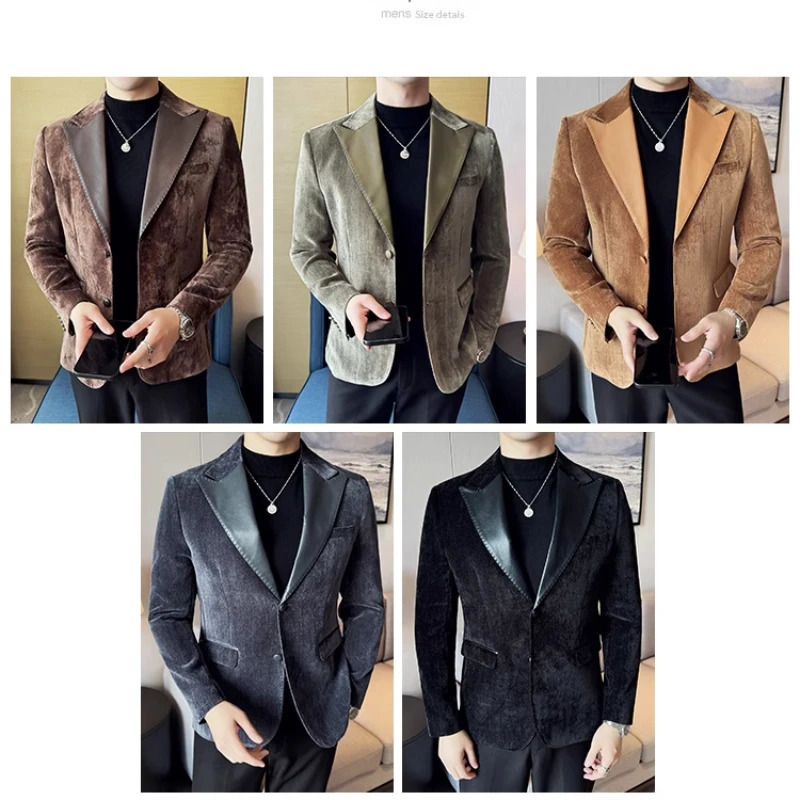 Autumn Five Color Chenille Patchwork Leather Suit Jackets for Men Army Green Kapok Fabric Contrasting Casual Mens Blazer 241225