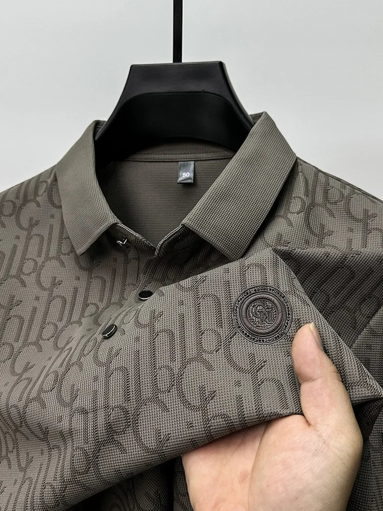 Summer Highend Silk Short Sleeved Polo Shirt for Mens ious Embossed Casual Fashion Comfortable Breathable Cool Top 241225