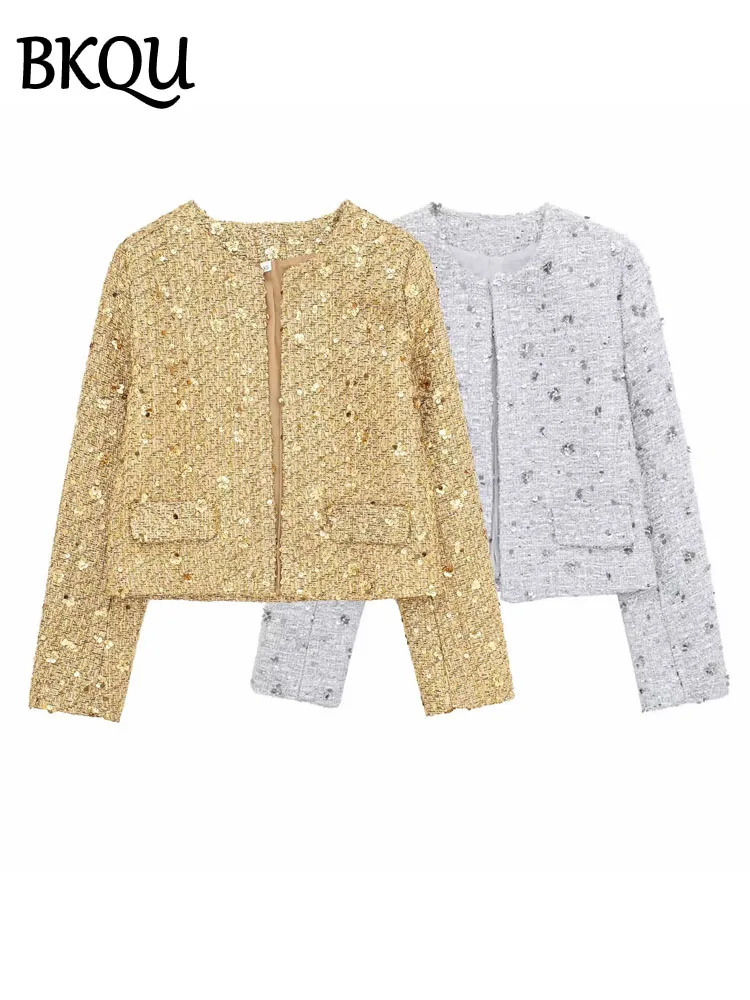 BKQU Fashion Sequin Cropped Jacket Women Autumn Winter Tweed Warm Elegant O-Neck Long Sleeve Female Coats Y2k High Streetwear 241223