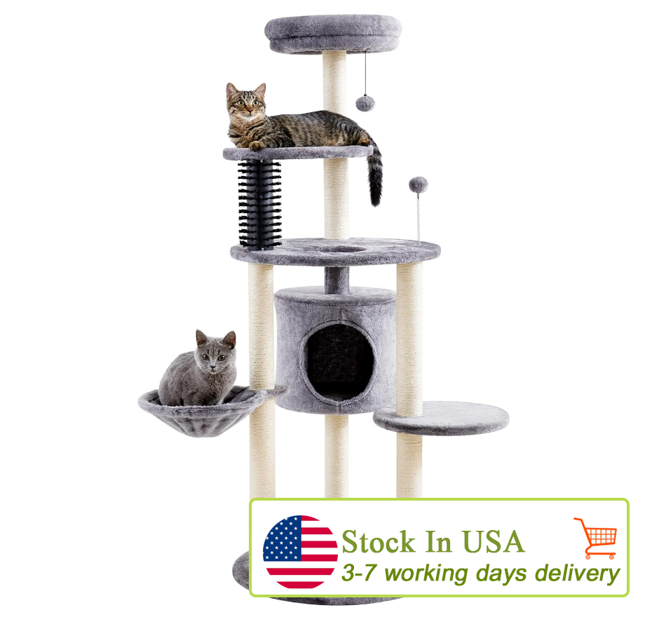 Made4Pets Cat Tree for Indoor Cats, 60.2-inch Large Cat Tower, with Soft Hammock, 5-Level Tall Cat Condo, Sisal Scratch Posts, Fluffy Ball, 3-7days de