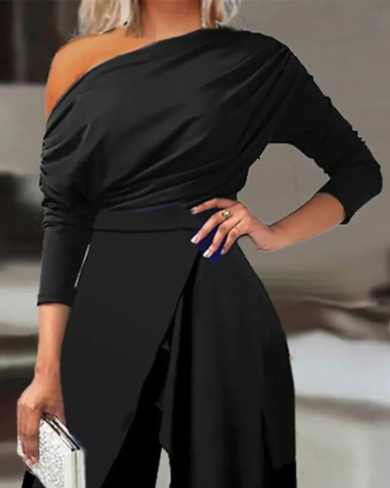 2025 Spring Jumpsuits for Women Plain Elegant Office Lady Loose Ruched One Shoulder Split Hem Wide Leg Jumpsuit 241225