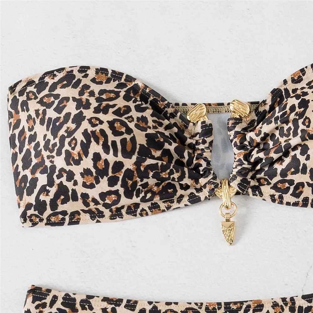 Leopard Print swimsuit Bandeau bikini set sexy swimsuit womens metal ring pleated swimsuit Brazilian bikini unprinted swimsuitW241225