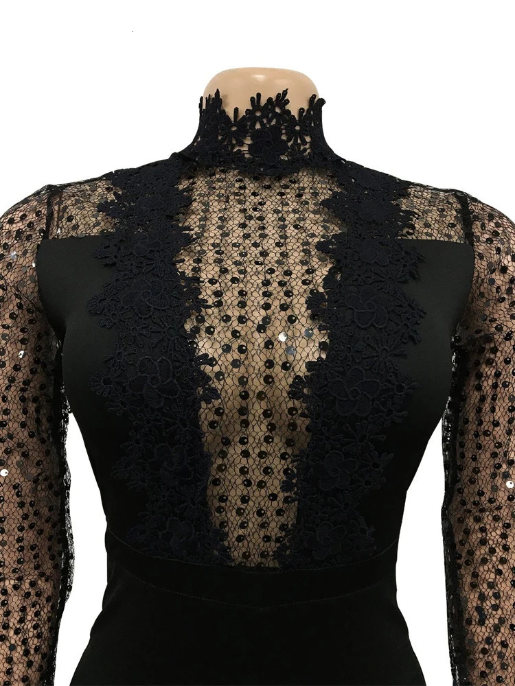 Solid Color High Necked Elegant Long Jumpsuit Women Sleeve Full Body Sexy Mesh Perspective Lace Up Female 241225