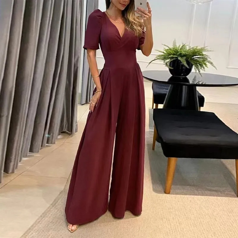 Spring and Summer Fashion Elegant Solid Color V-neck Slim Waist Womens Wide Leg jumpsuit Fashion Mid sleeved Long Pants 241224