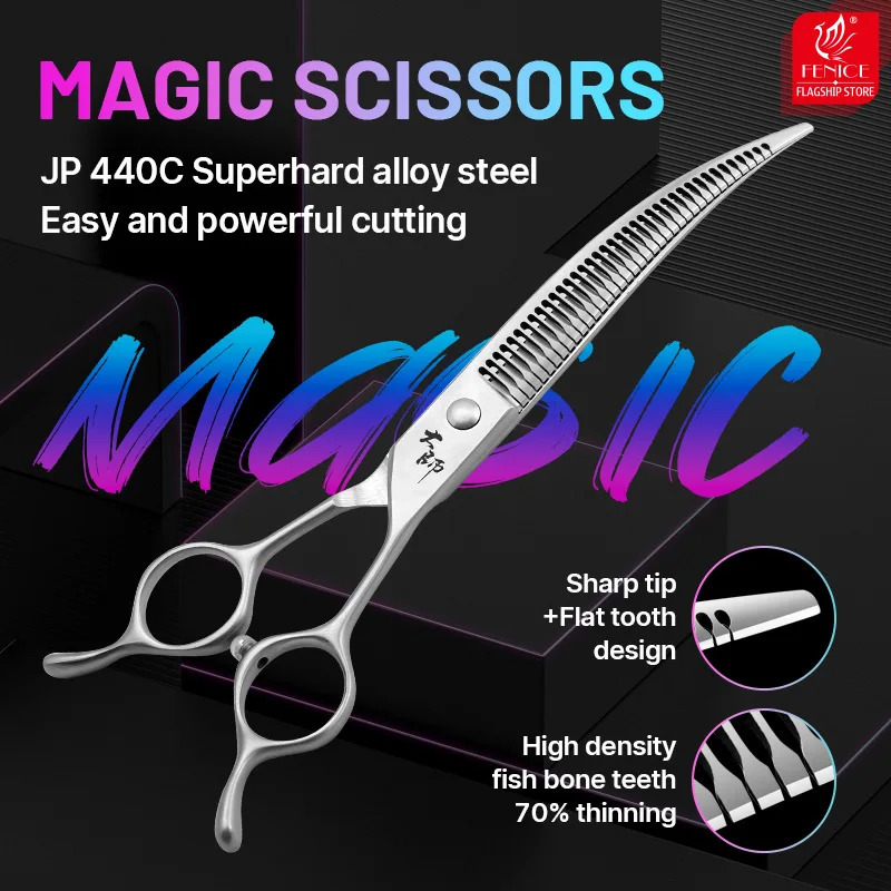 Fenice High-end 7 Inch JP440C Steel Pet Grooming Magic Scissors Trimming Pet Hairdressing Dog Grooming Curved Shears 70% rate 241225