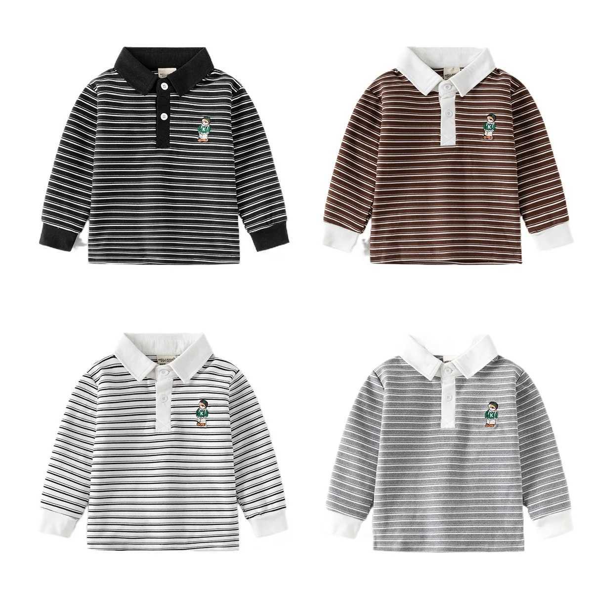 Spring Autumn Boys Long Sleeve Casual Cotton Embroidered T-shirt Childrens Striped Polo Shirt Top for Kids Ages 3-8XJ241225