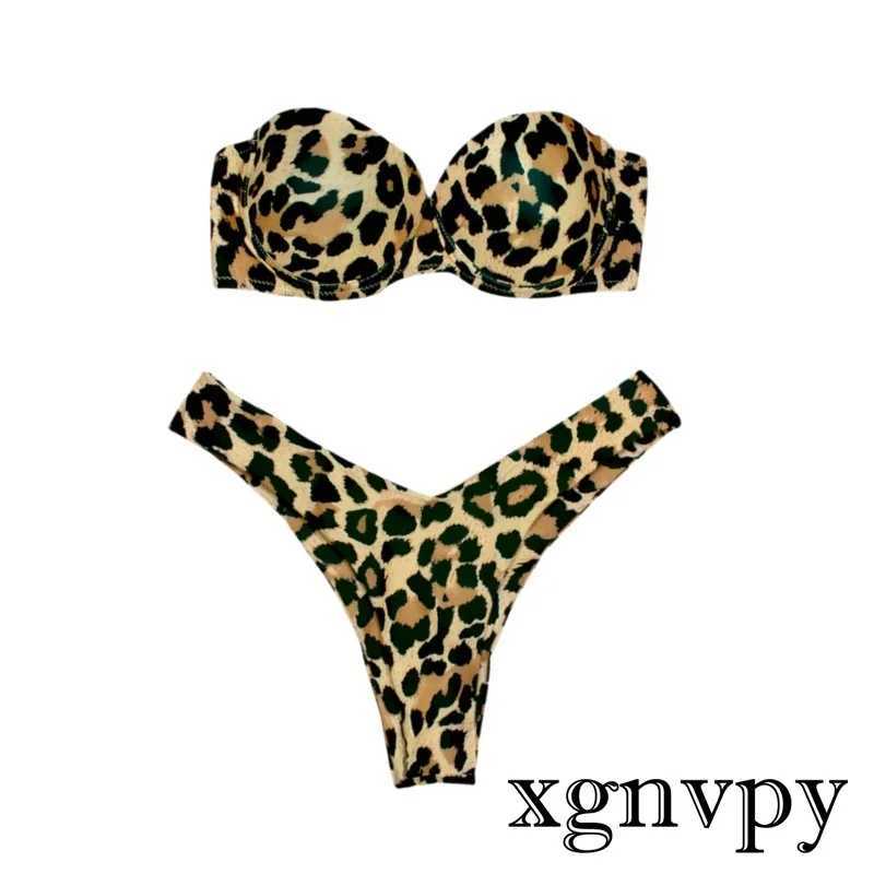 Xgnvpy sexy womens bikini swimsuit push up bra bikini set two-piece swimsuit low waist beachwear leopard print setW241225