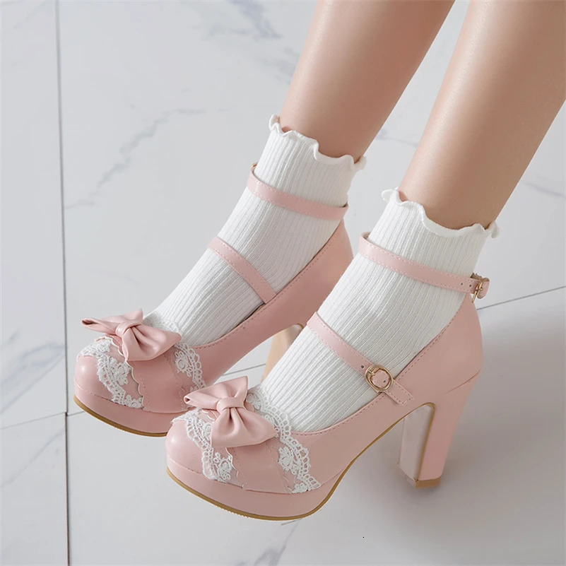 FOREADA Woman Lolita Style Buckle Shoes Platform Block High Heels Pumps Bow Round Toe Ankle Strap Lady Pumps Spring 34-43 Pink 241225