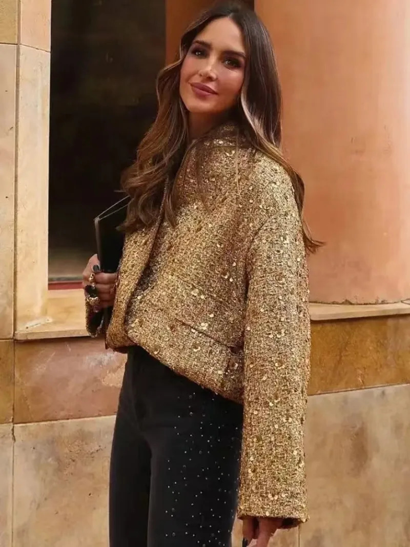 Womens Sequined Bomber Jacket Fall Round Neck Long Sleeve Pocket Stretch Hem Sequins Jacket Coat Female Chic Outerwear 241223