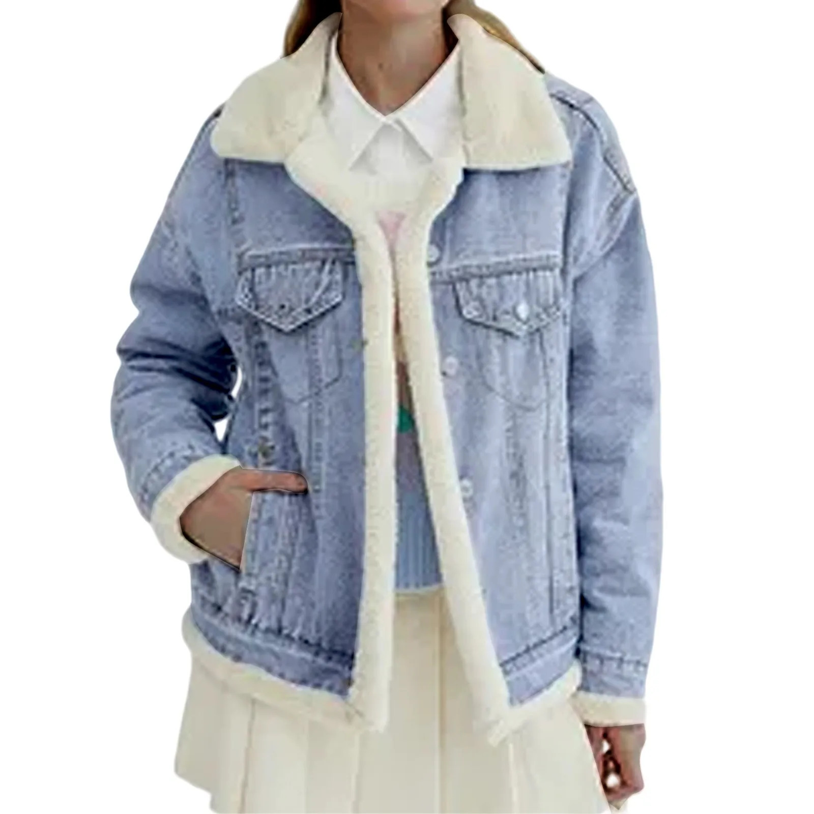 Winter Thicken Fleece Lining Denim Jacket With Fur Collar For WomenFashion Plush Warm Lambs Wool Blue Overcoat Lady Vintage 241220