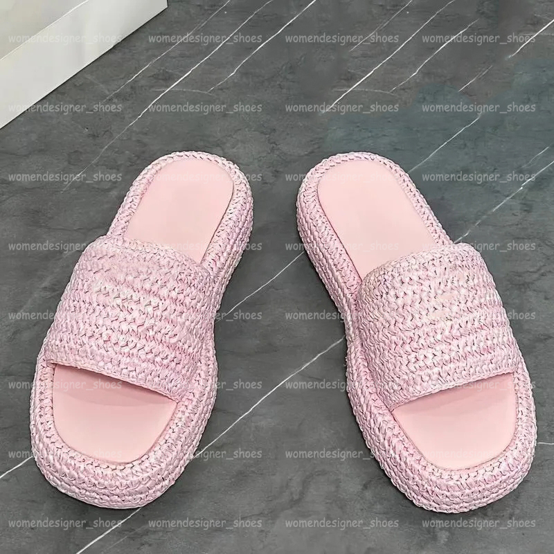 Women Slippers Designer Platform Straw Sandal Fashion Beach Slides Leather Slip On Thick Heel Casual Sandles Brown Black White Pink Blue Size 35-