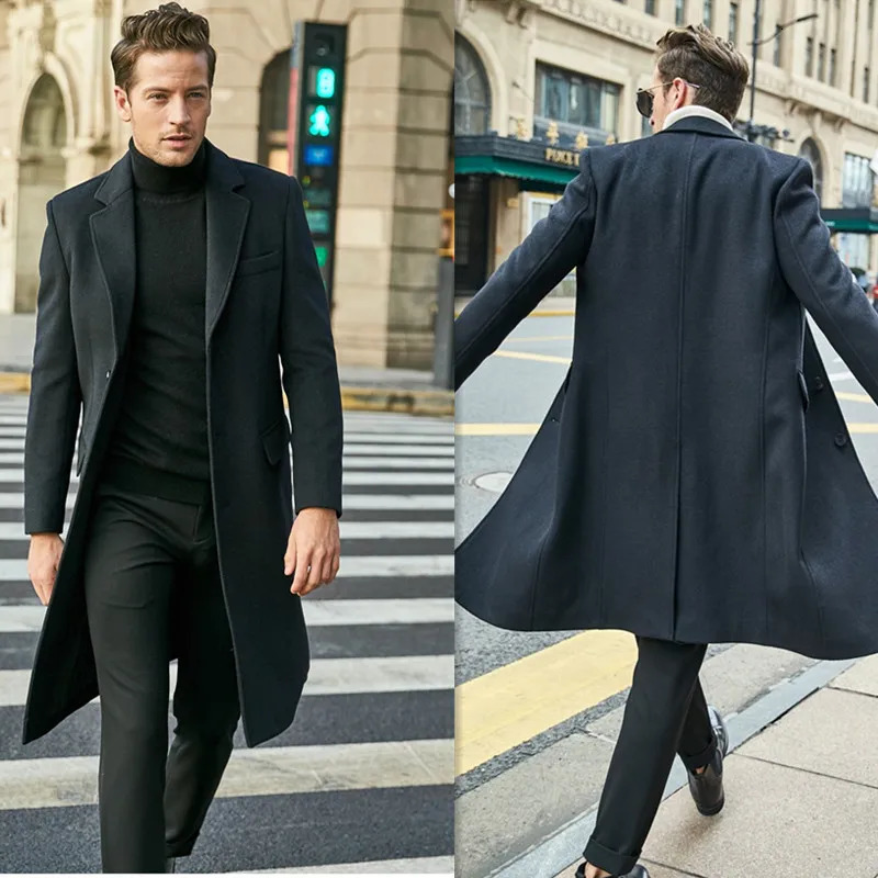 Winter Jakcets Man Long Business Casual Mans Jacket Warm Tweed Coat Lined Single Breasted Male Clothes 241225