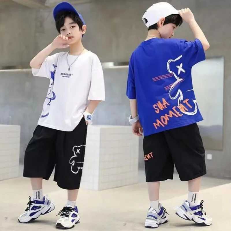 Clothing Sets Childrens boutique clothing boys summer cartoon bear T-shirt loose shorts 2-piece set boys letter dress casual setY241225NHQ6