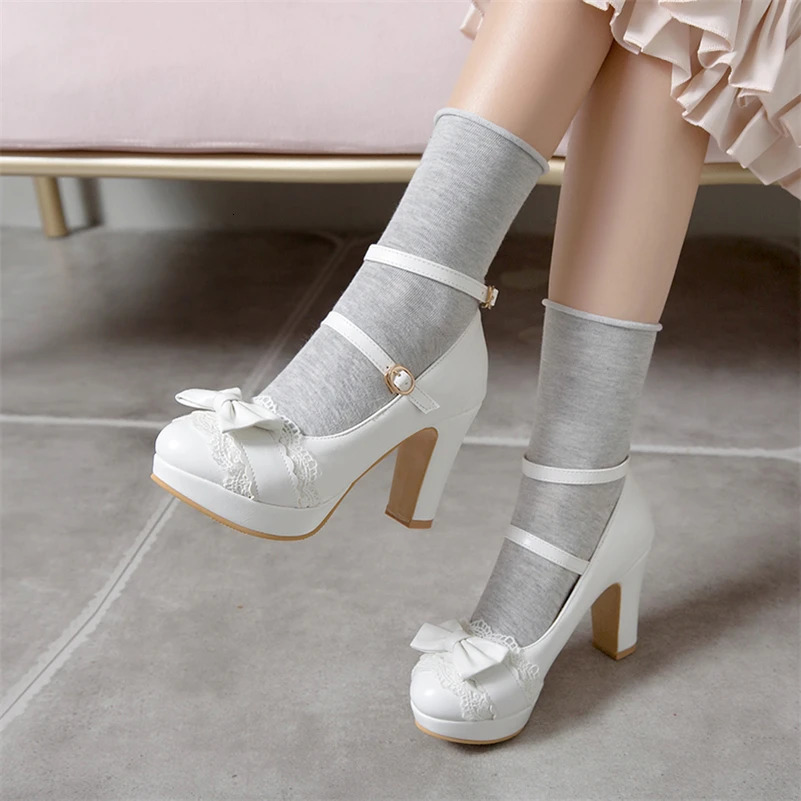 FOREADA Woman Lolita Style Buckle Shoes Platform Block High Heels Pumps Bow Round Toe Ankle Strap Lady Pumps Spring 34-43 Pink 241225