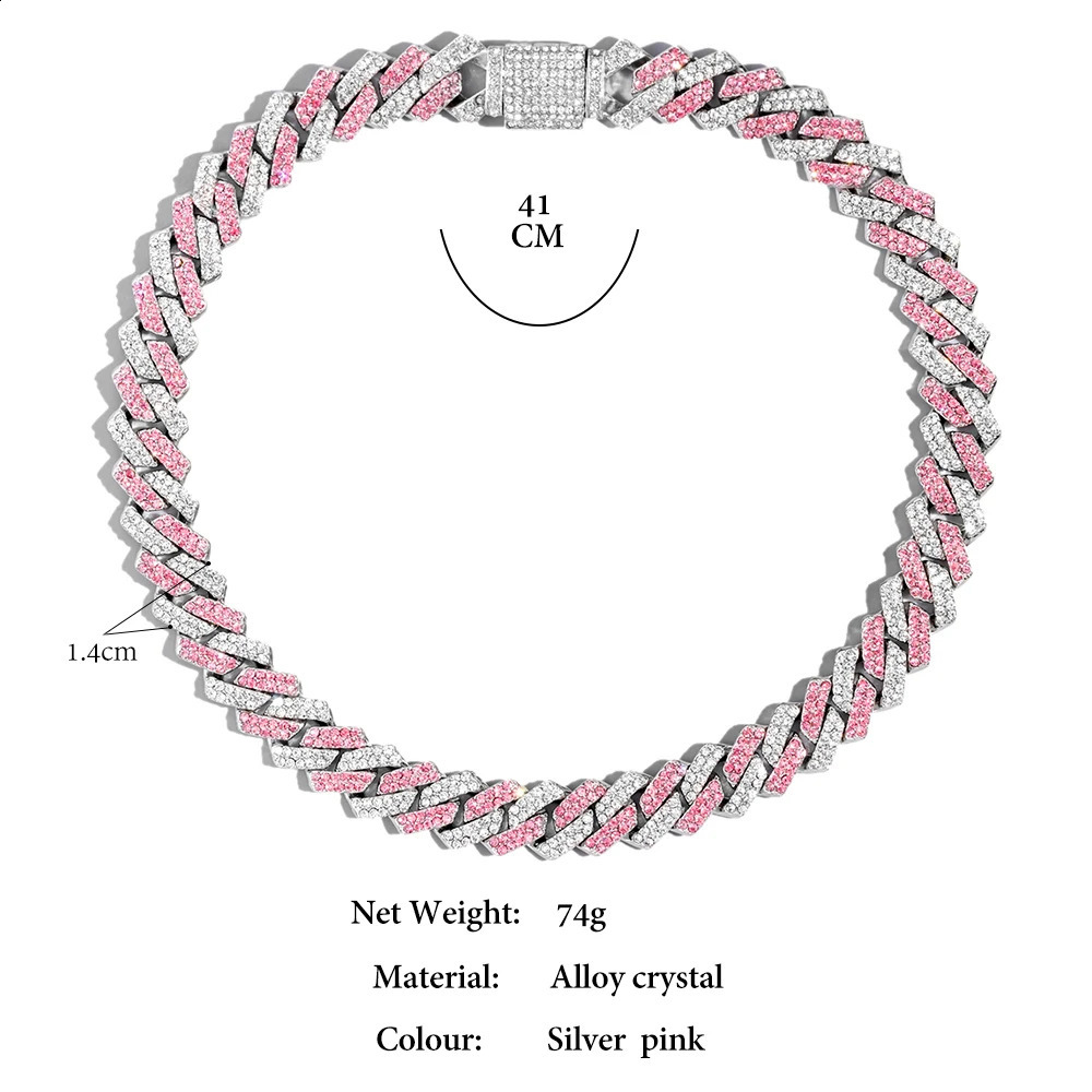 Fashion Pink Cuban Chain Miniature Water Diamond Shop Mouth Curved Letter Pendant Necklace 14mm Prong Cuban Necklace Jewelry Gift 250109