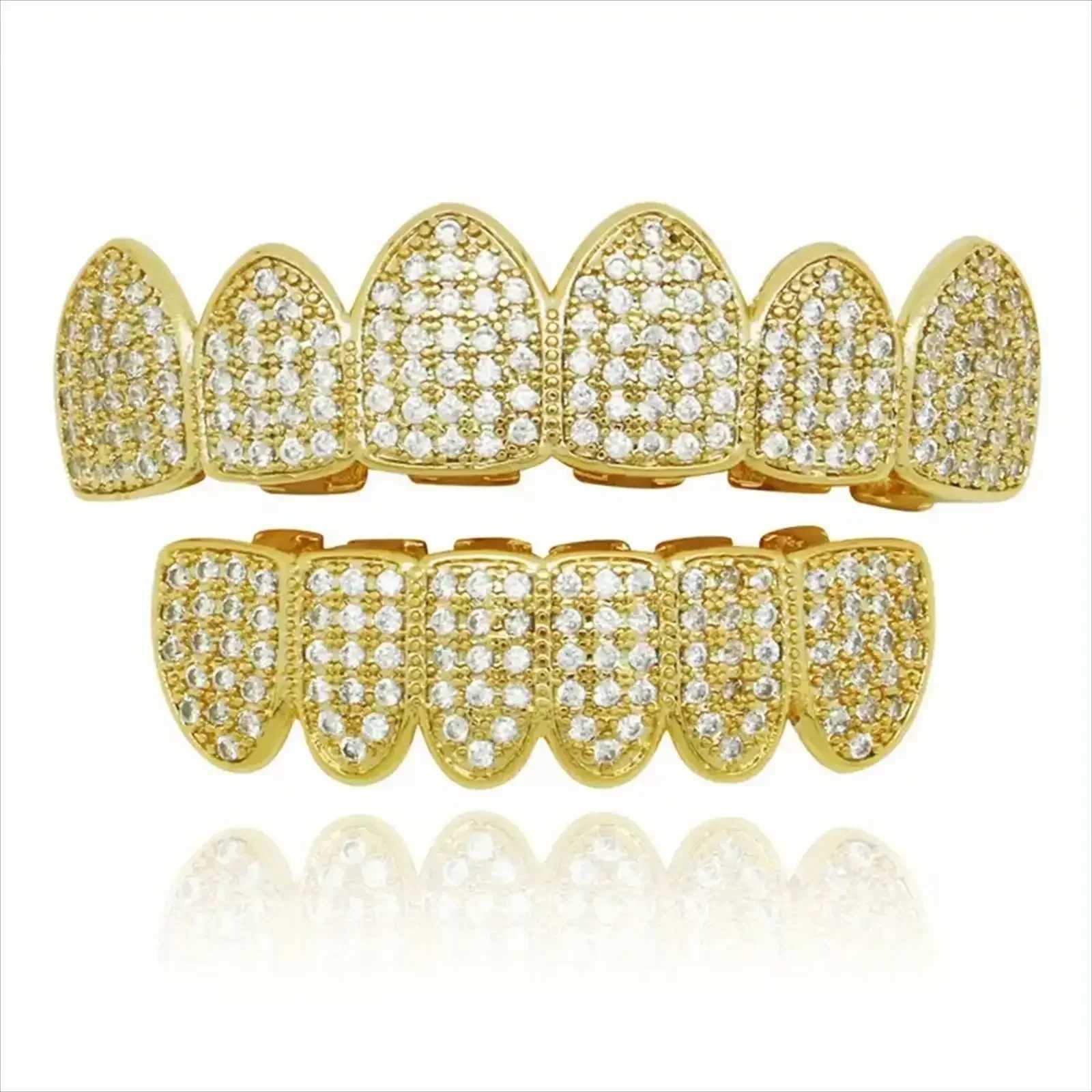 HipHop CZ Teeth Set For Unisex Blue Zircon Top Bottom Mouth Gold Silver Color Teeth Tooth C Removable Dental Fashion JewelryXJ241225
