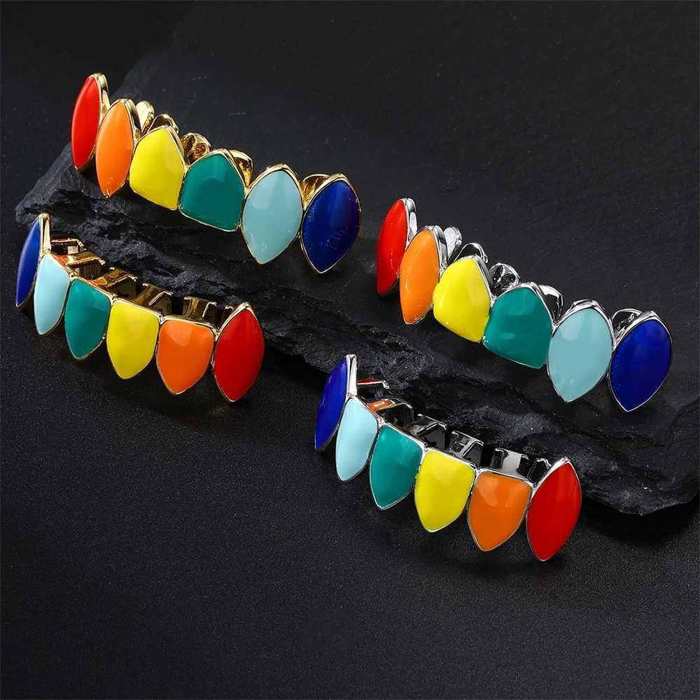 D Z Hip Hop Colorful Teeth Grills for Women Men Bo Rainbow Color Oil Drop Copper Teeth Grillz Charm Party Jewelry GiftXJ241225