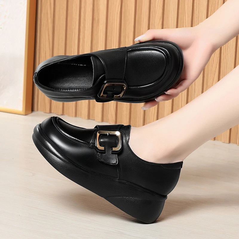Spring Shoes Female Genuine Leather Platform Round Toe Vintage Women Shoes Large Size Wedge Casual Non-Slip Shoes Women