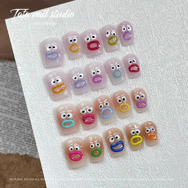 1pc Kawaii False Nails Stickers Full Cover Mouth Monster Press On Nail Art Sticker Ins Style Waterproof Peelable Nail Stickers 241225