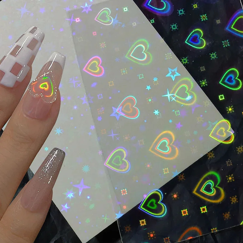 Heallor 3D Laser Nail Art Stickers Stars DIY Hearts Shape Transfer Decals Holographic Sliders Nail Decorations Manicure Accessor 241225