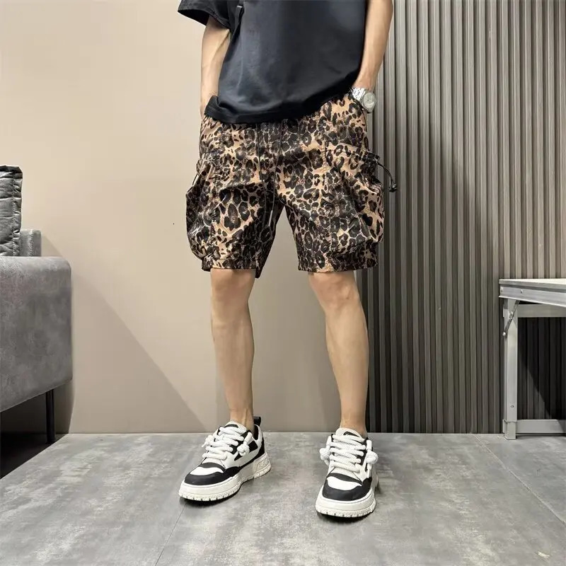 Mens Leopard Print Shorts Sports Short Pants Summer Patchwork Sweatpants High Street Shorts High Quality Quick Drying Shorts 241224