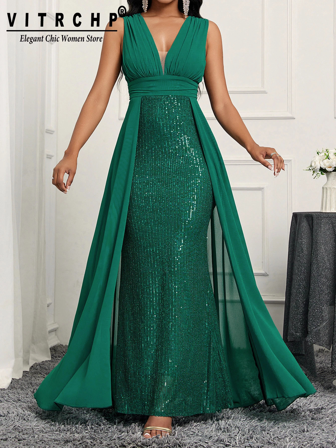 Elegant Green Sequin Dress Women Satin Strap Sleeveless Thigh Split Draped Bodycon Wedding Party Dresses Evening Gown 241223