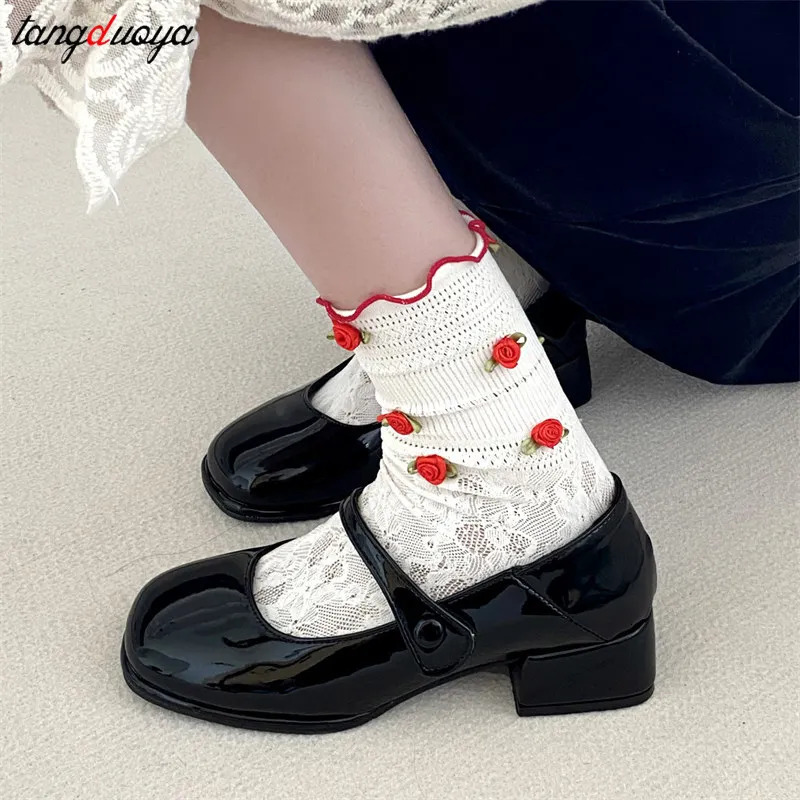 Retro red Mary Jane Shoes Women Thick Heels Ankle Buckle Lolita Shoes Woman Student French Square heel shallow mouth single shoe 241225
