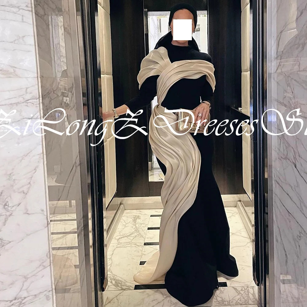 Elegant Party Dresses Woman High Collar Satin Pleats Sweep Train Contrast Color Long Sleeve Satin Dresses For Formal Occasi 241223