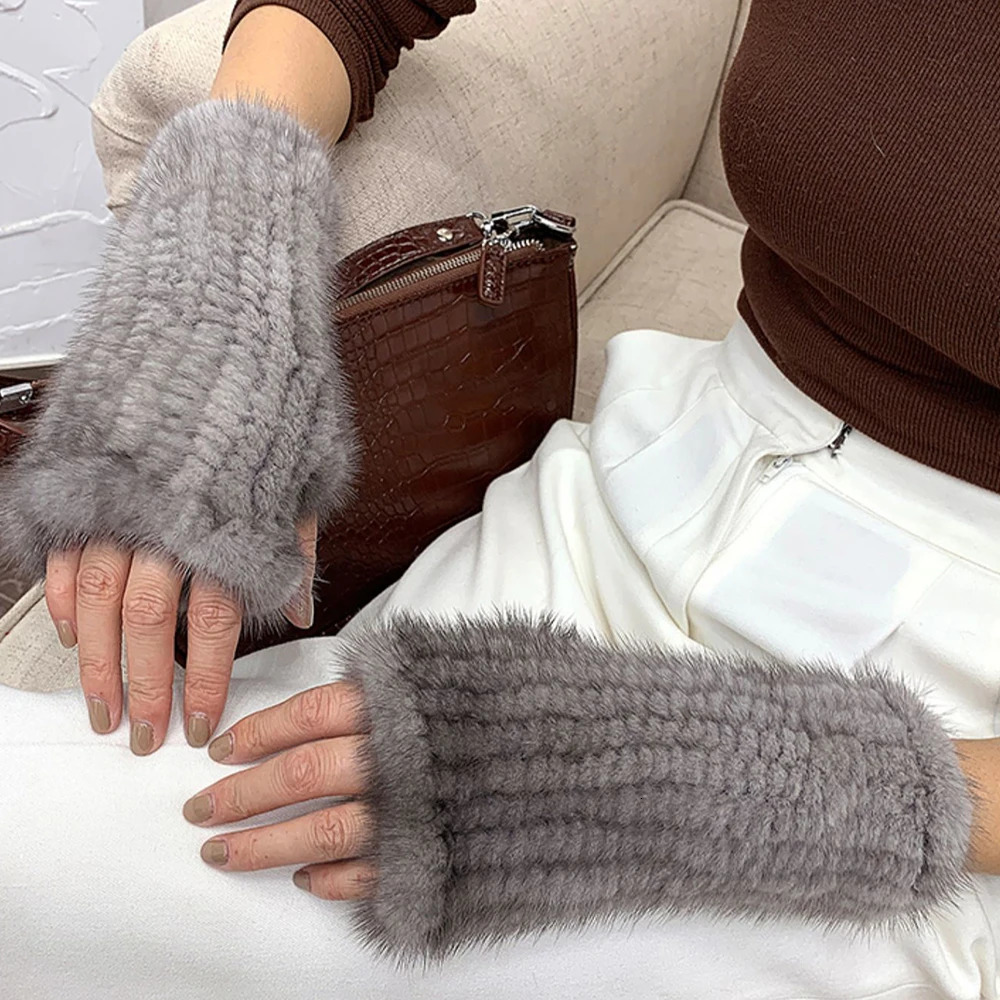 Women Genuine Knitted Mink Fur Mittens Winter Warm Lady Real Fur Fingerless Gloves Handmade Knit Mink Fur Mitten 241225ww12