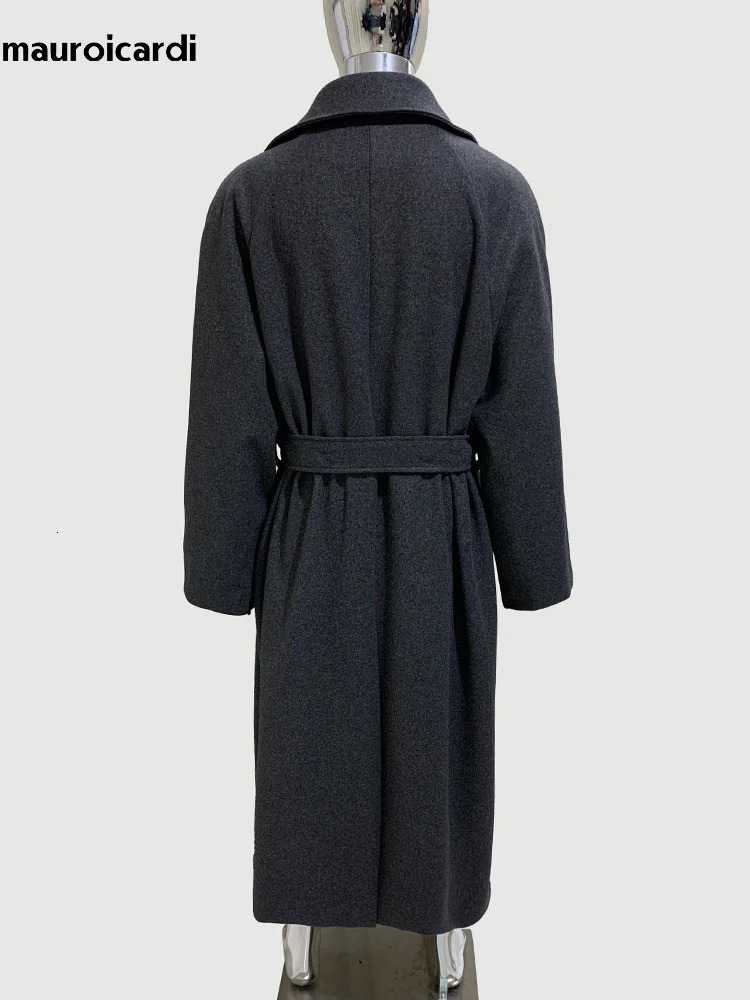 Mauroicardi Spring Winter Oversized Long Warm Grey Wool Blends Coat Men Sashes Elegant Chic Woolen Overcoat 2025 241225