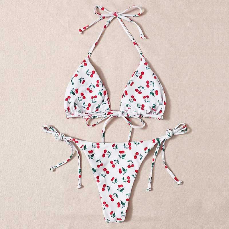 Cherry Print swimsuit suspender mini bikini thong sexy swimsuit womens lace top yukata triangle bikini 2024 MUJIW241225