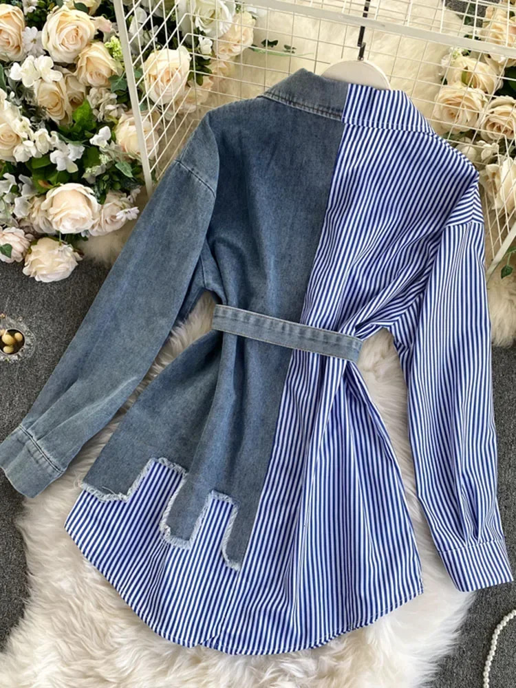 Spring Autumn Women's Denim Shirt Color Contrast Patchwork Lace Up Blouse Shows Thin Versatile Top Fashion Gd596