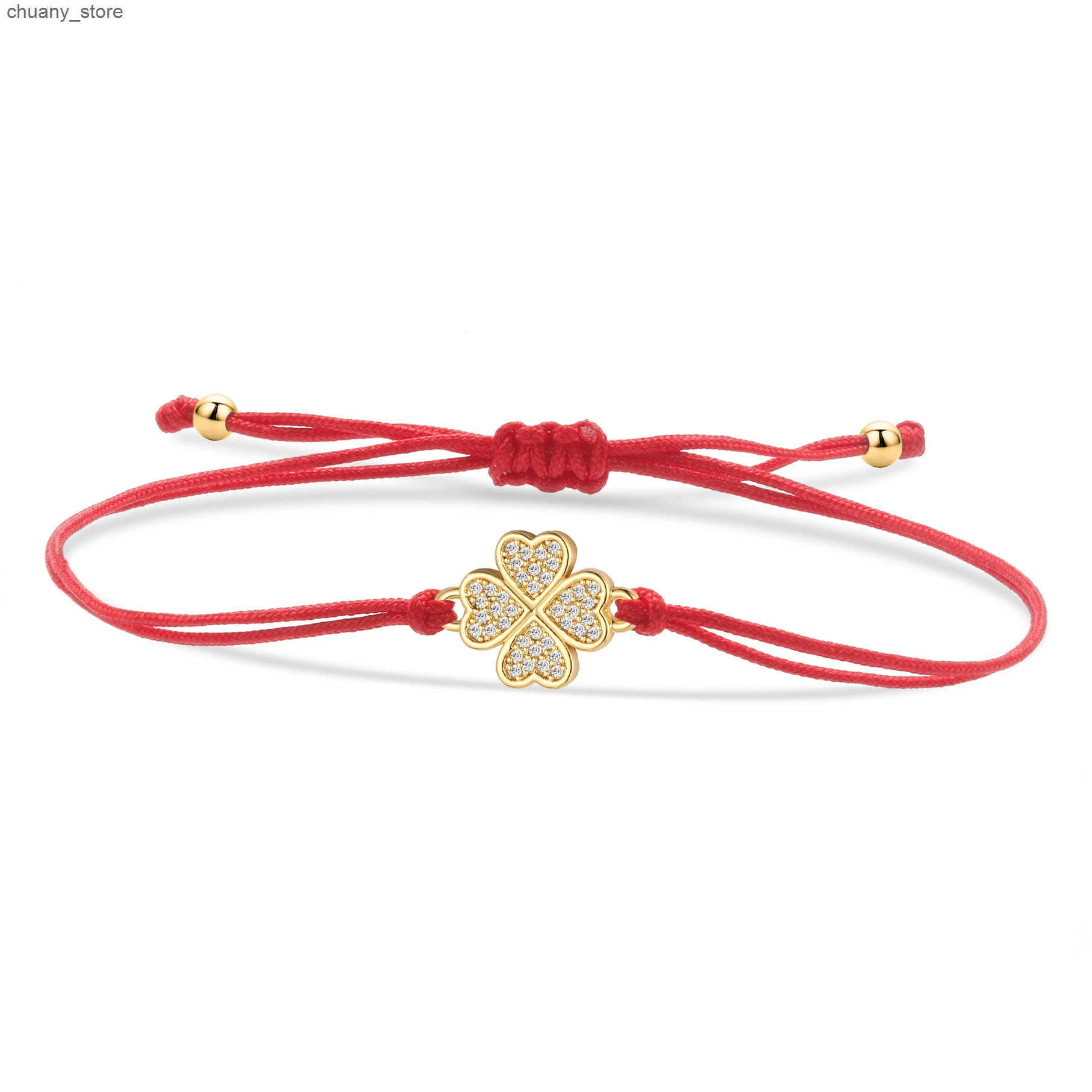 Chain Trendy Cubic Zirconia Crystal Gold-plated Brass Four Leaf Clover Lucky Charm Women Zircon CZ Stones Red String Jewelry L240910