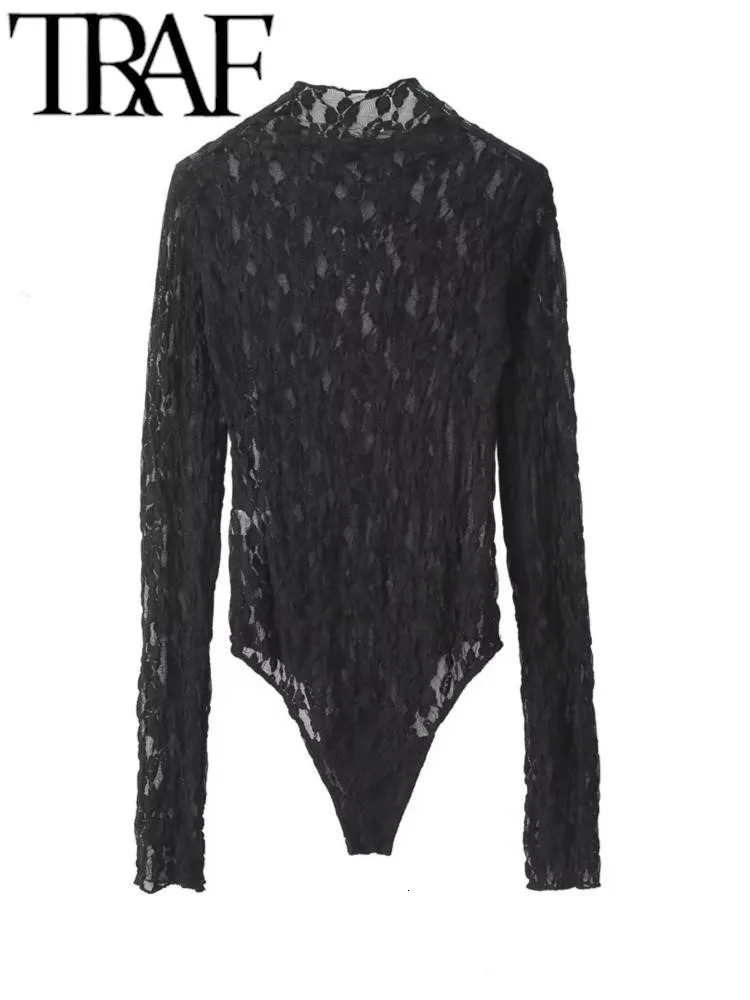 TRAF Sexy Sheer Lace Women Bodysuit Spring Mock Neck Slim Long Sleeve Top Female Playsuit Y2K Jumpsuits Black 241225
