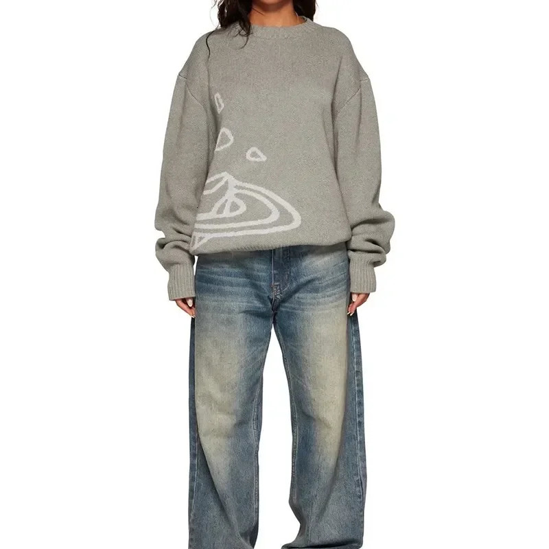 Y2k comfortable clothes sweater planet cosmic star knit jumper teen traf ladies top black thermal mens loose 241225