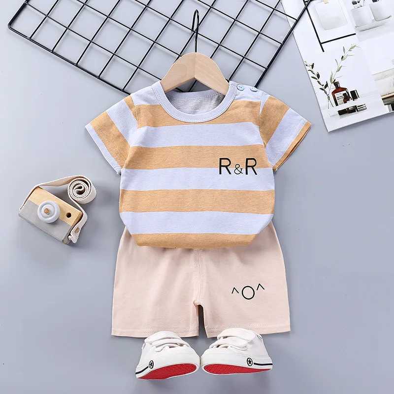 Clothing Sets Summer Baby Girls Clothes Set Boy Cartoon Stripe T-shirts and Shorts 2pcs Suit Toddler Solid Cotton Top Bottom Children OutfitsY241225XA