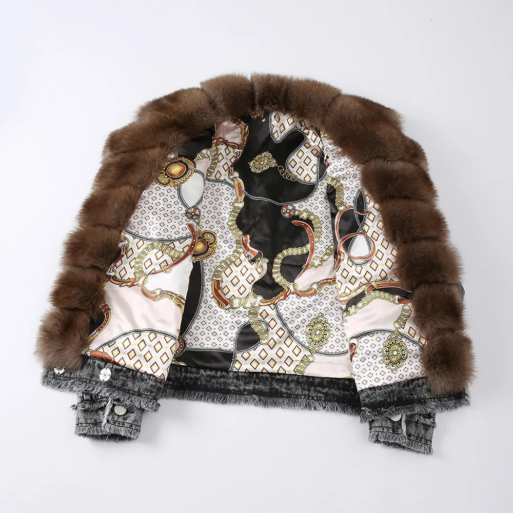 Women Real Fur Jean Coats Fashion Lady Clothes Fox Fur Collar Denim Jackets Streetwear Female Overcoat S3606 241220